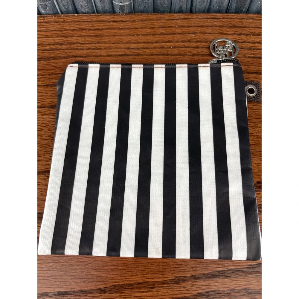 Henri Bendel Black White Striped Small Pouch Purple Charm Graphic Zipper Bag
